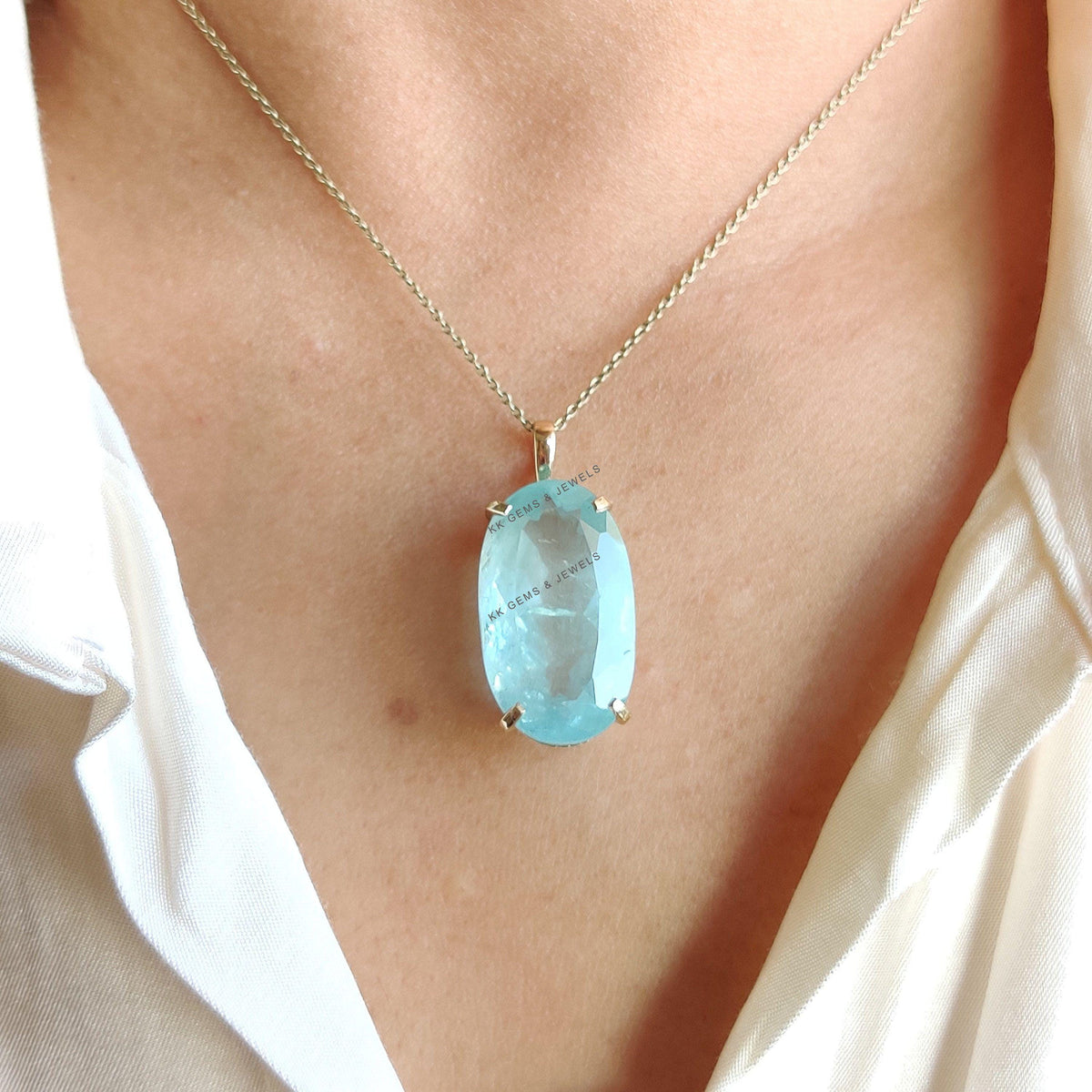 Natural Aquamarine Pendant: 14K Solid Yellow Gold, March Birthstone