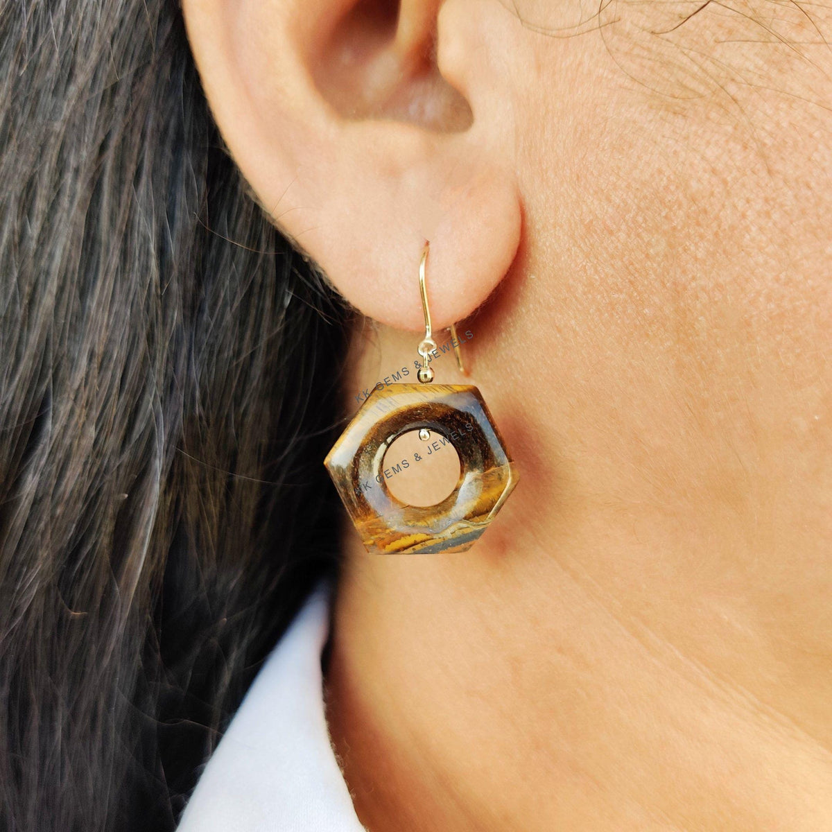 Natural Tiger Eye 14K Solid Yellow Gold Earrings, June Birthstone, Hexagon Earrings
