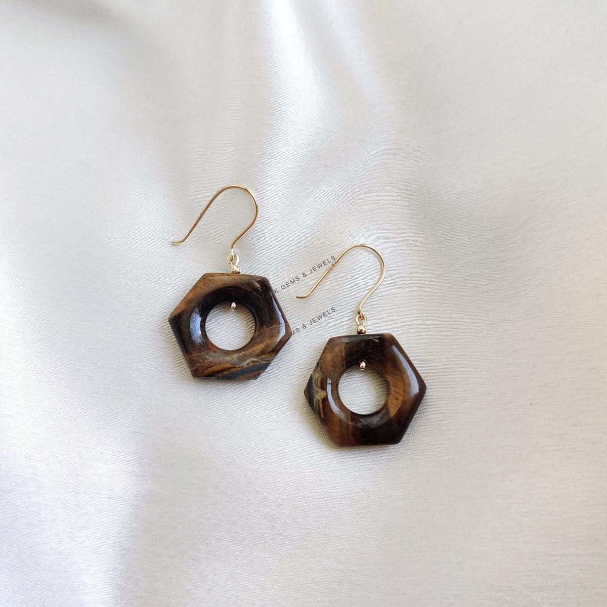 Natural Tiger Eye 14K Solid Yellow Gold Earrings, June Birthstone, Hexagon Earrings