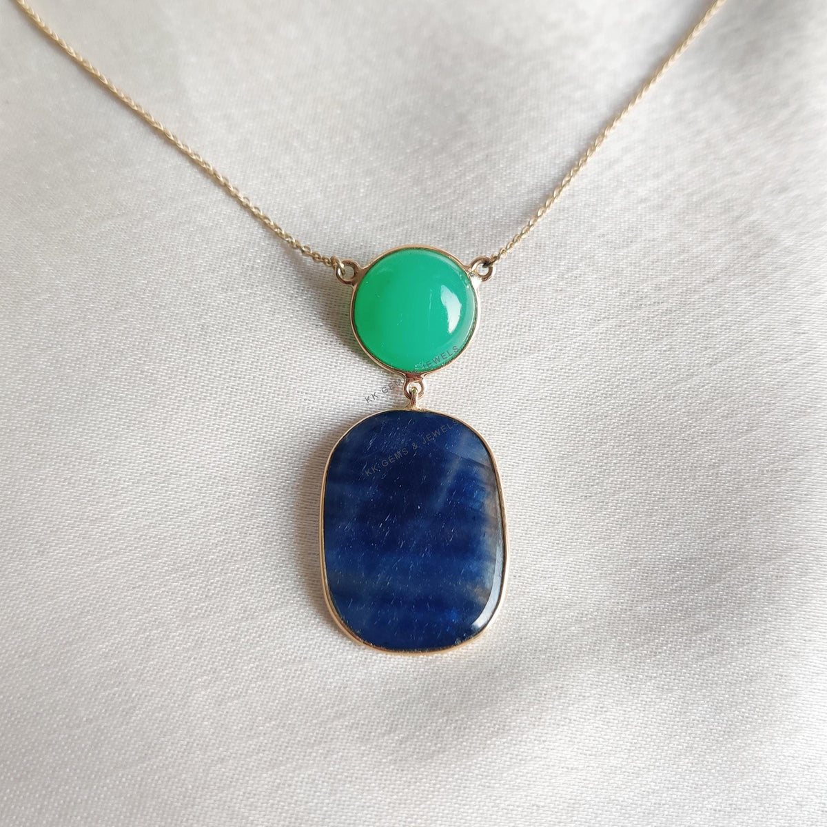 Natural Blue Sapphire & Chrysoprase 14K Solid Yellow Gold Necklace
