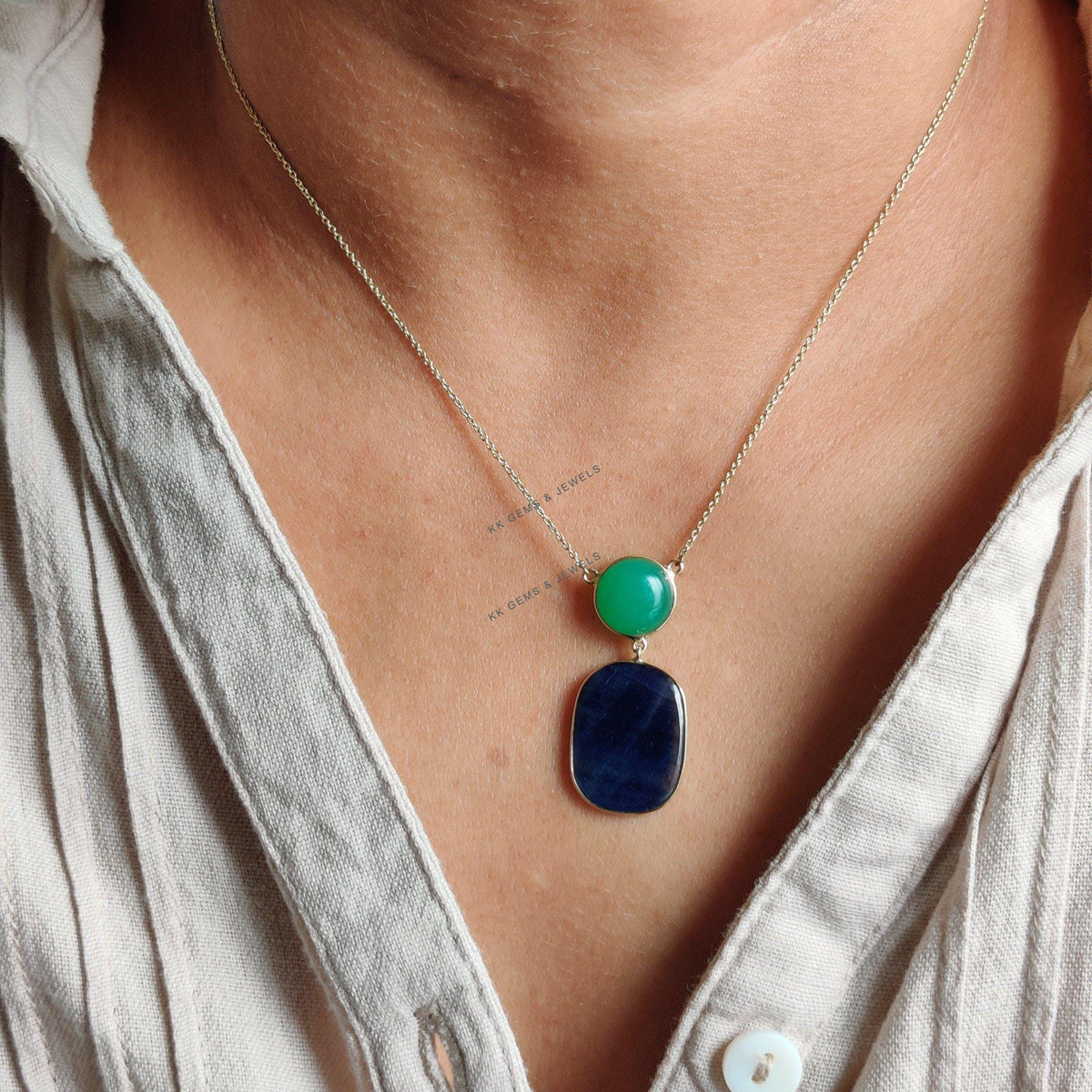 Natural Blue Sapphire & Chrysoprase 14K Solid Yellow Gold Necklace