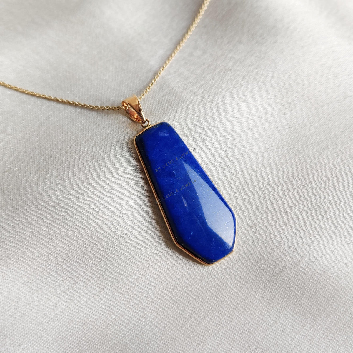 14K Solid Yellow Gold Natural Lapis Lazuli Fancy Pendant, September Birthstone