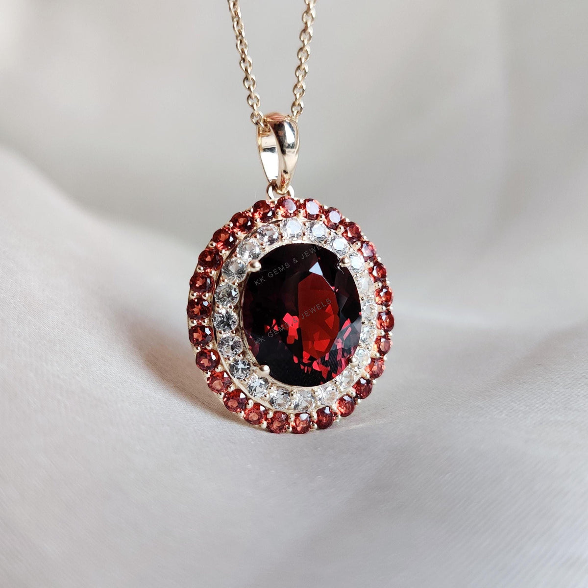 Natural Garnet & White Sapphire 14K Solid Yellow Gold Pendant, September Birthstone