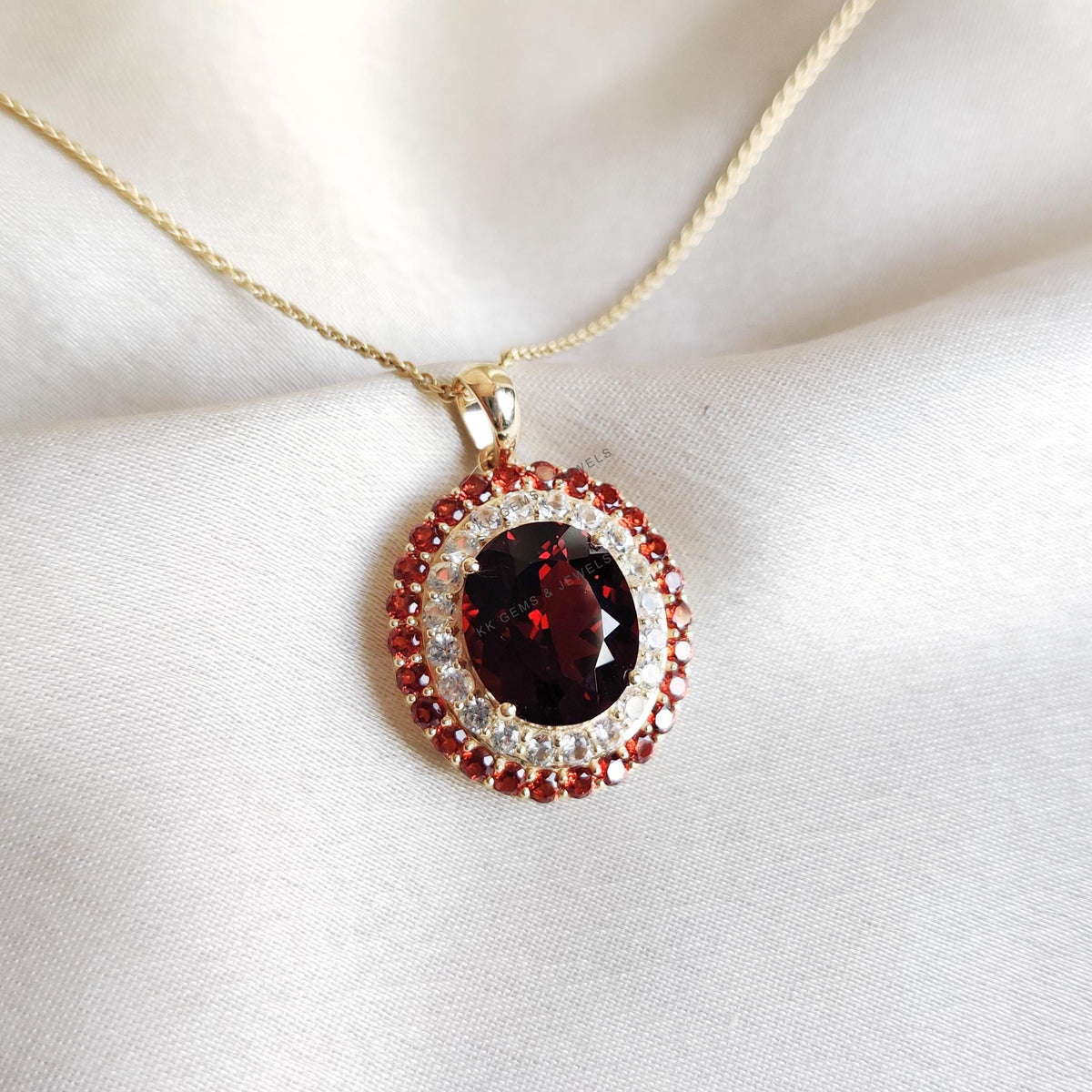 Natural Garnet & White Sapphire 14K Solid Yellow Gold Pendant, September Birthstone