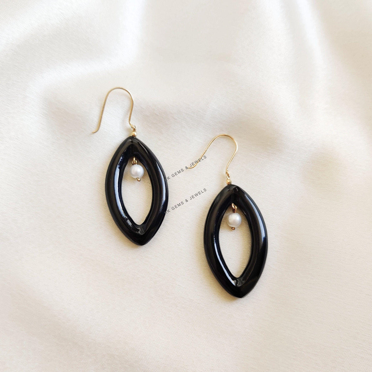 Natural Pearl & Black Onyx 14K Solid Yellow Gold Earrings, January Birthstone