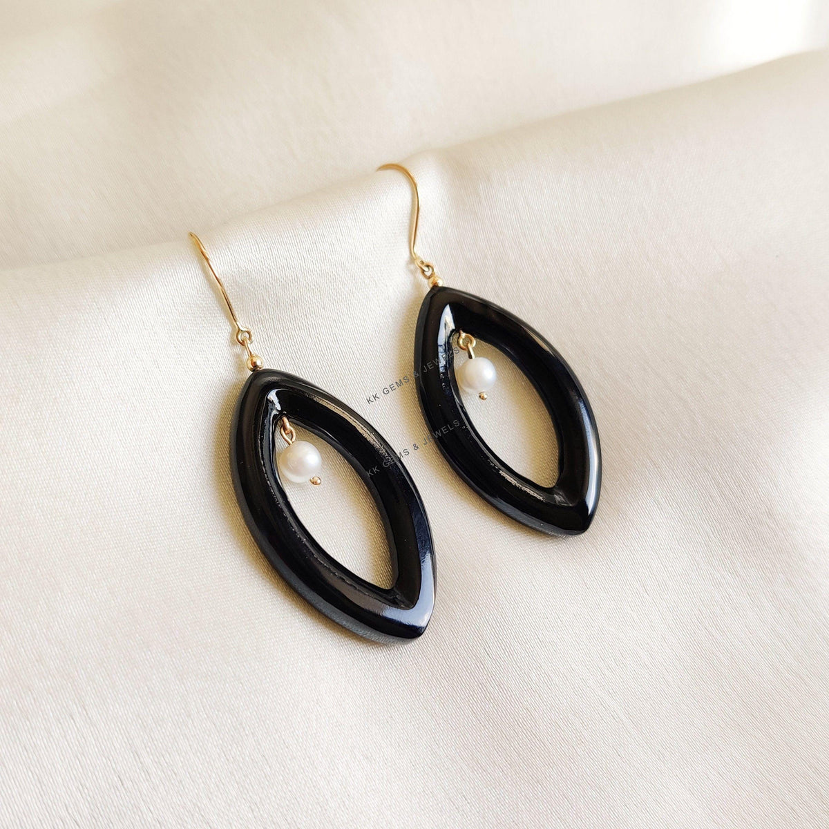 Natural Pearl & Black Onyx 14K Solid Yellow Gold Earrings, January Birthstone