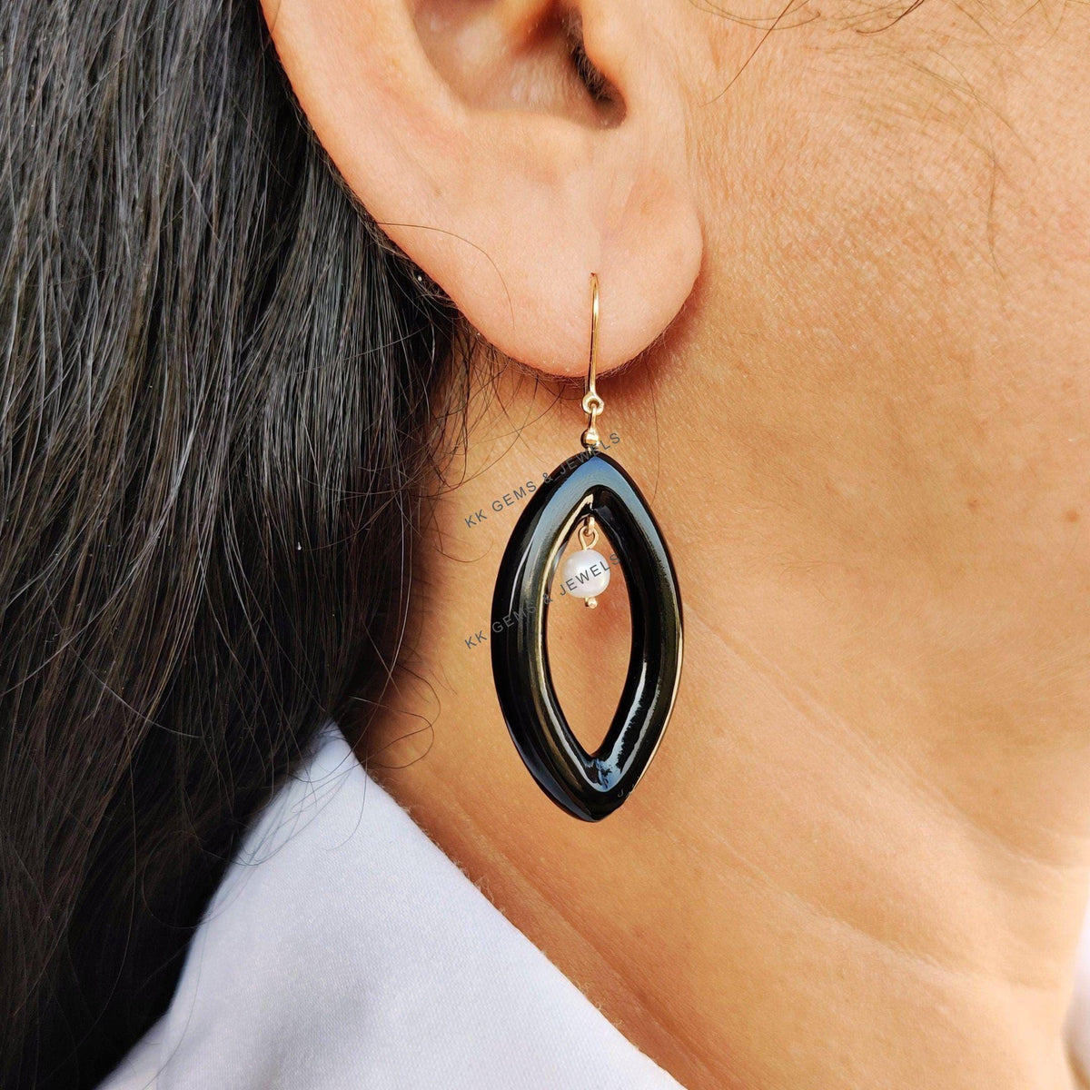 Natural Pearl & Black Onyx 14K Solid Yellow Gold Earrings, January Birthstone