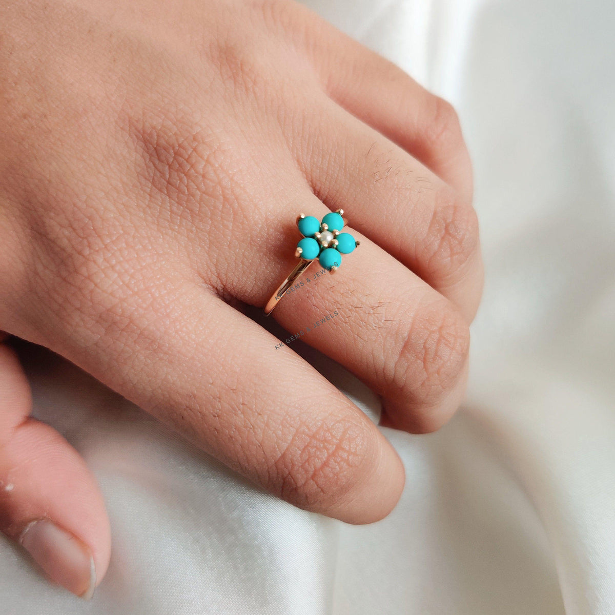 14K Solid Gold Natural Turquoise & Pearl Flower Ring, December Birthstone