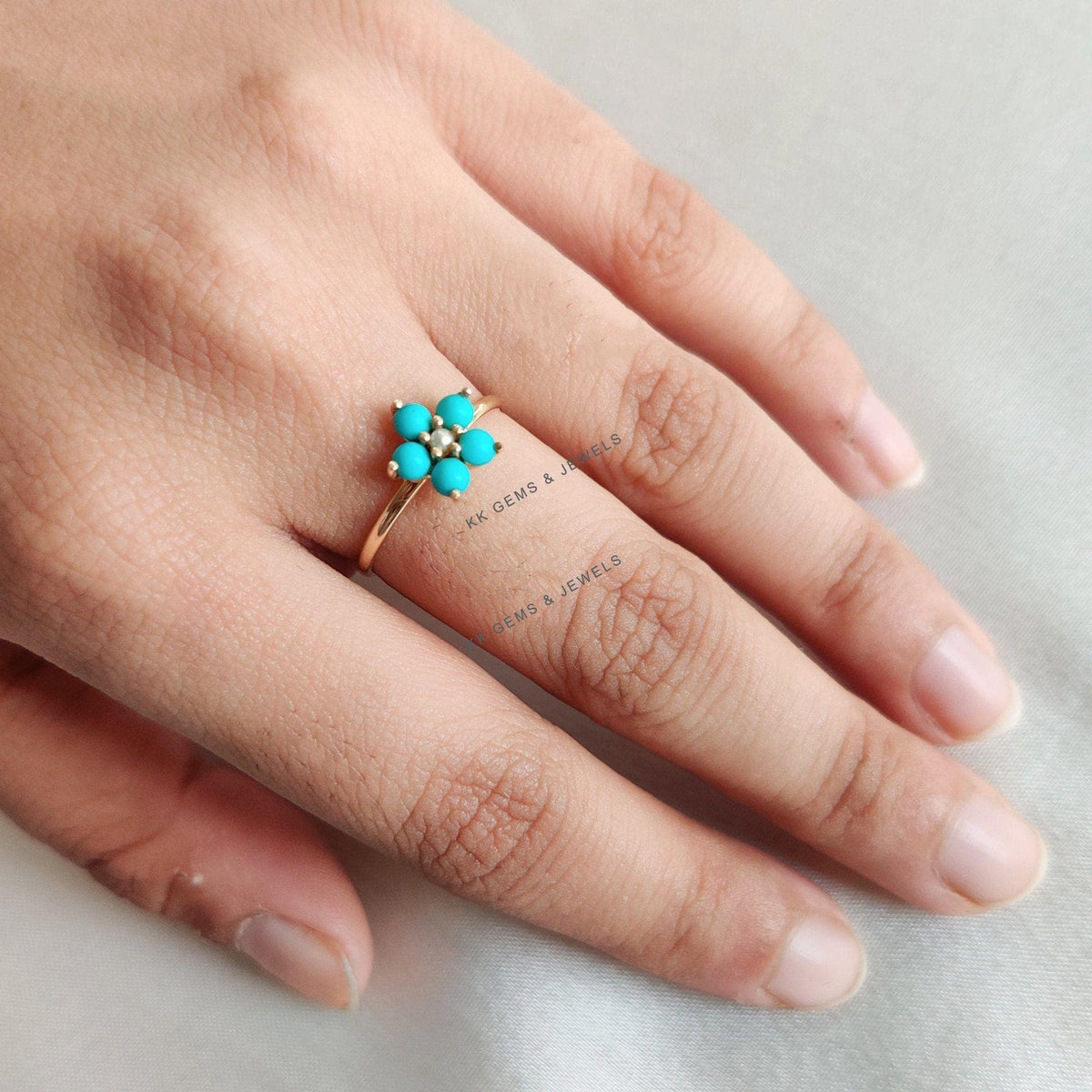 14K Solid Gold Natural Turquoise & Pearl Flower Ring, December Birthstone