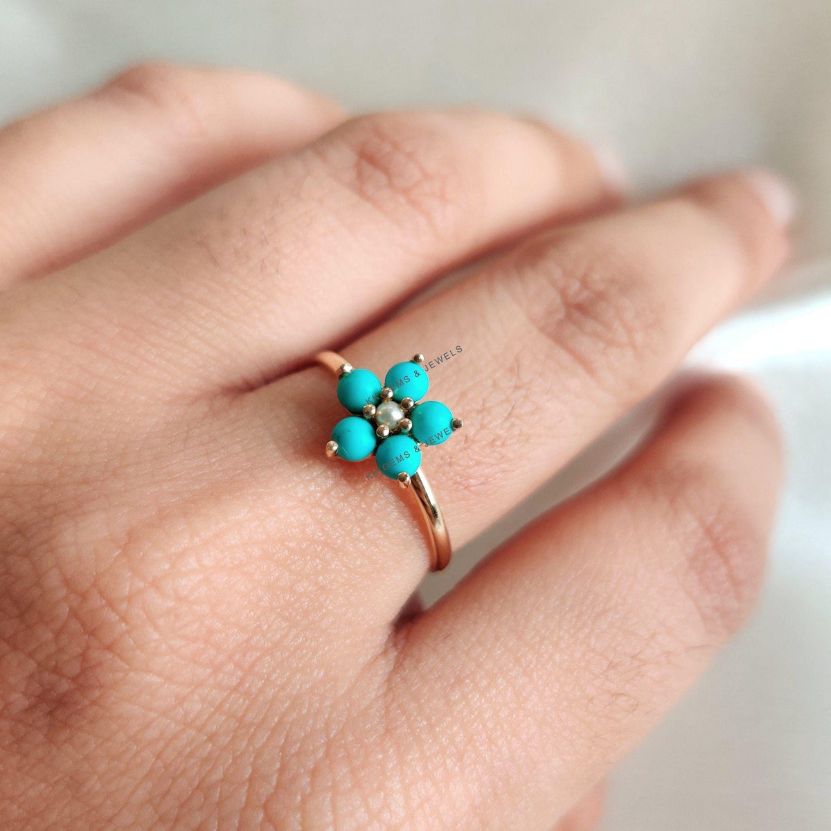 14K Solid Gold Natural Turquoise & Pearl Flower Ring, December Birthstone