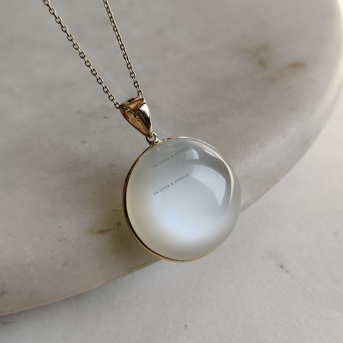 Natural White Moonstone 14K Solid Yellow Gold Round Pendant, June Birthstone,
