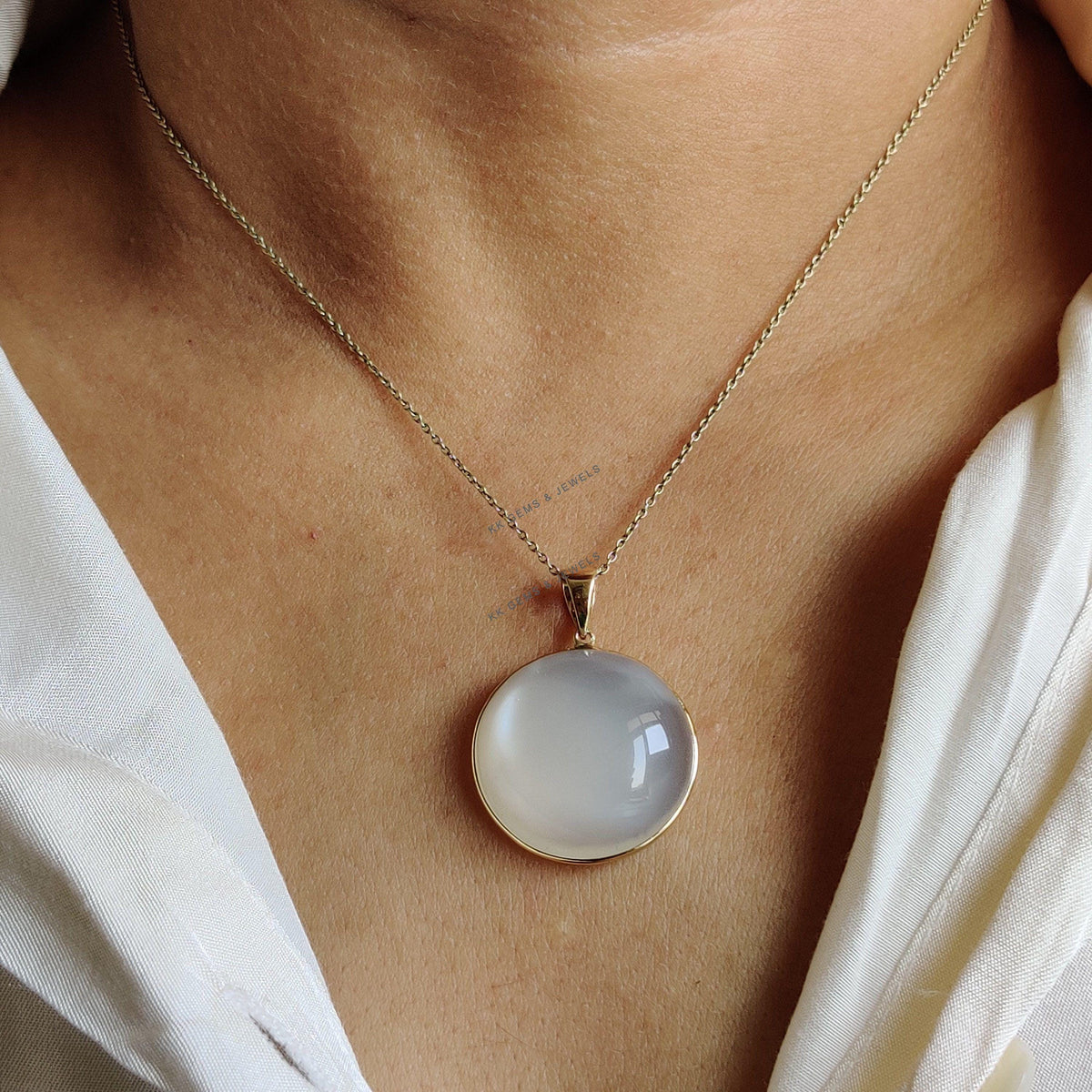 Natural White Moonstone 14K Solid Yellow Gold Round Pendant, June Birthstone,