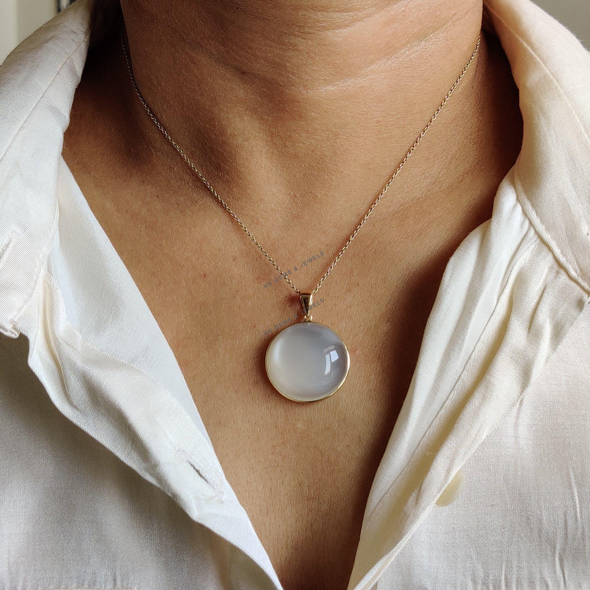 Natural White Moonstone 14K Solid Yellow Gold Round Pendant, June Birthstone,