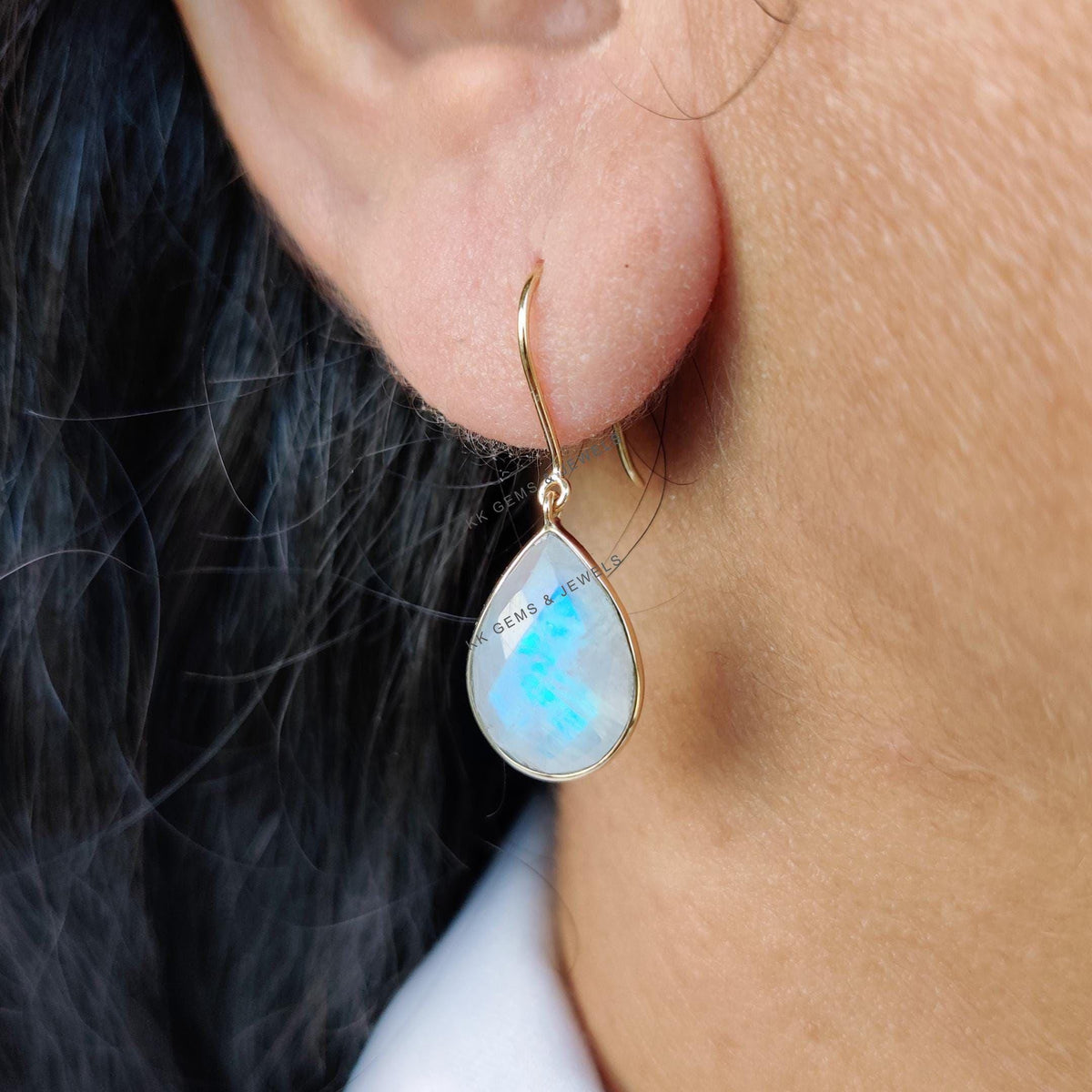 Natural Rainbow Moonstone 14K Solid Yellow Gold Bezel Earrings, June Birthstone Earrings
