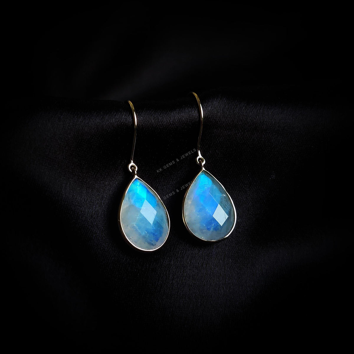 Natural Rainbow Moonstone 14K Solid Yellow Gold Bezel Earrings, June Birthstone Earrings