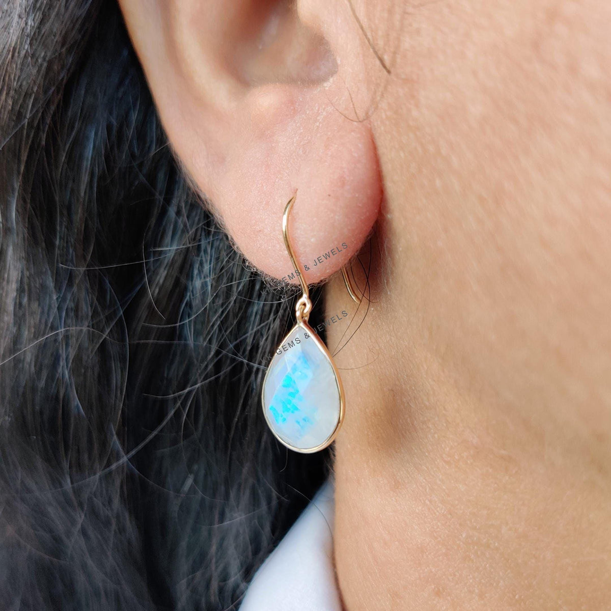 Natural Rainbow Moonstone 14K Solid Yellow Gold Bezel Earrings, June Birthstone Earrings