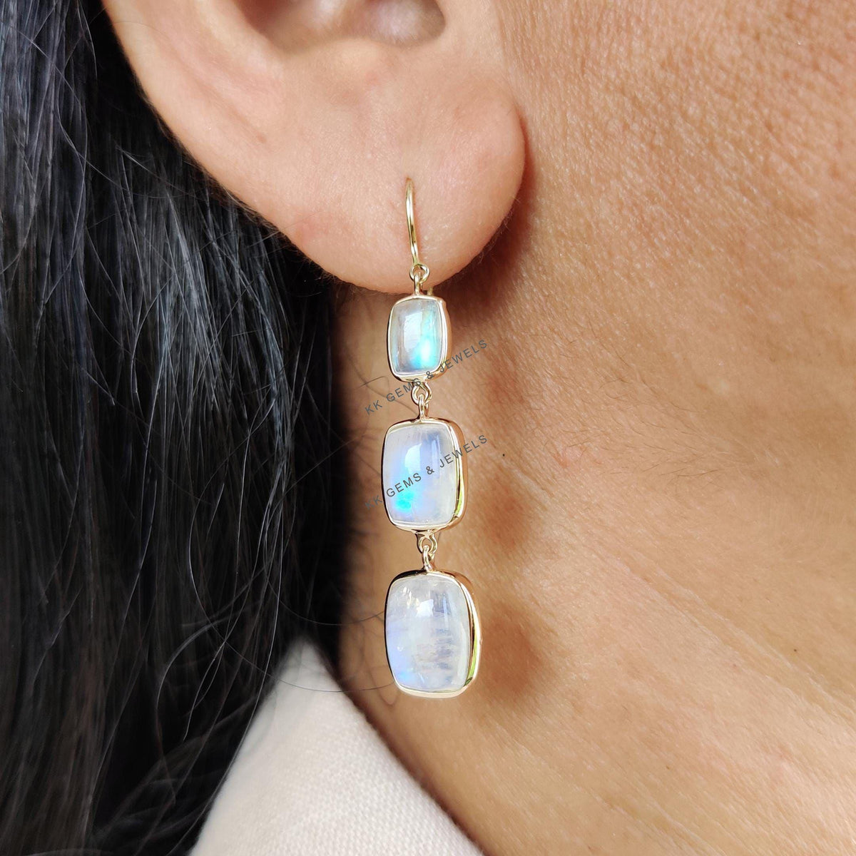 14K Solid Yellow Gold Natural Rainbow Moonstone Dangle Earrings