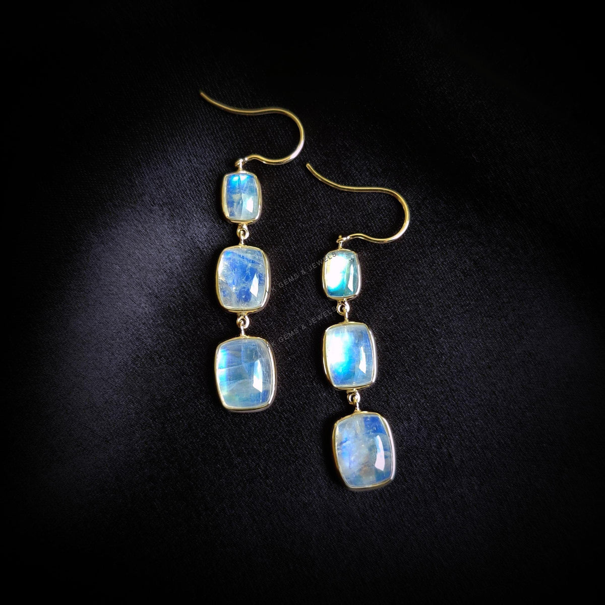 14K Solid Yellow Gold Natural Rainbow Moonstone Dangle Earrings