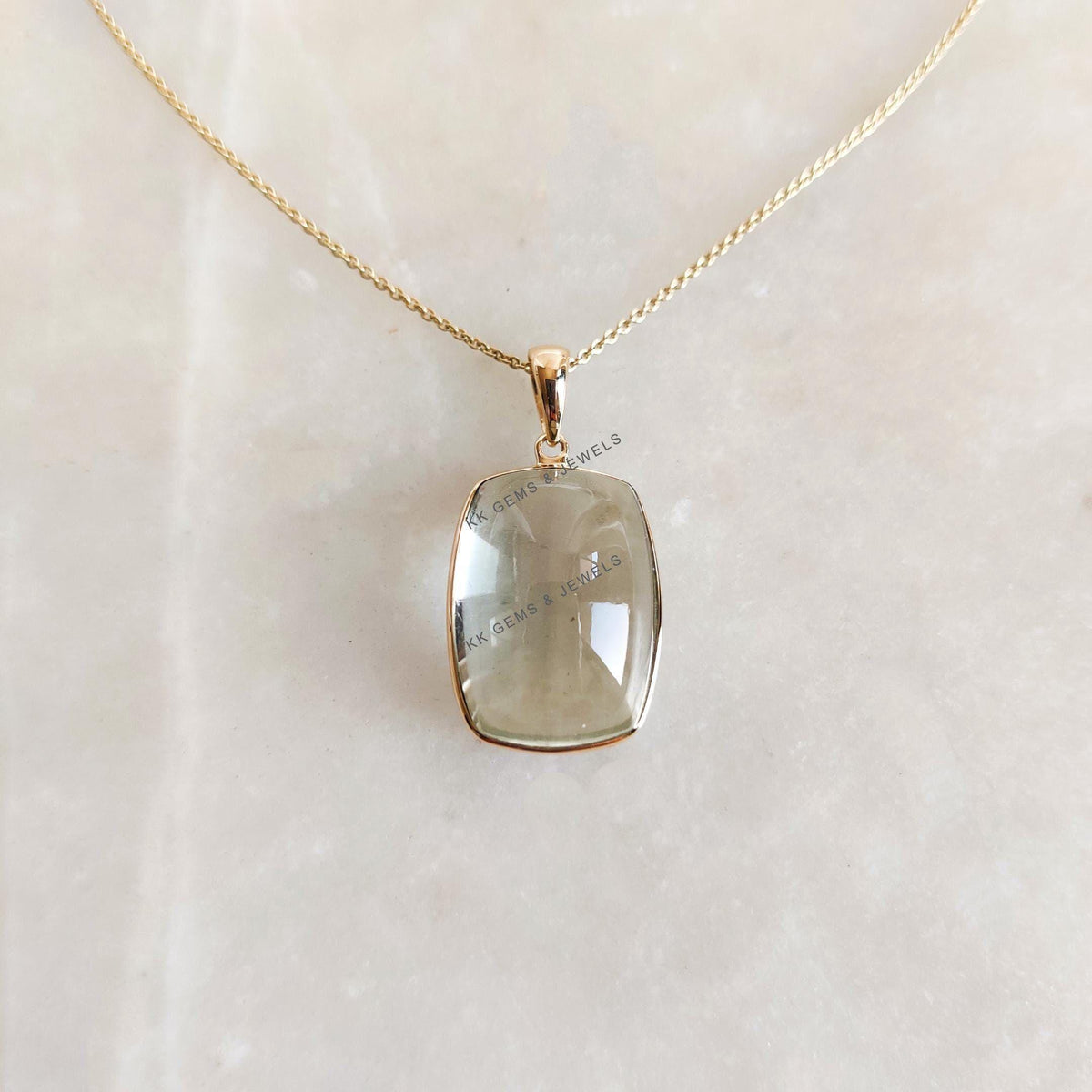 14K Solid Yellow Gold Natural Green Amethyst Pendant: February Birthstone Jewelry