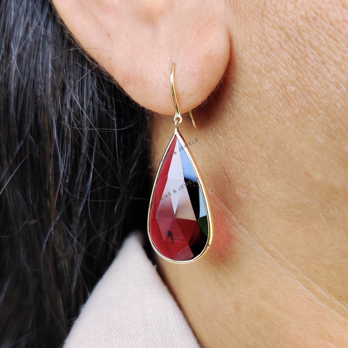 Natural Rhodolite Garnet Earrings, 14K Solid Yellow Gold Earrings, Bezel Earrings
