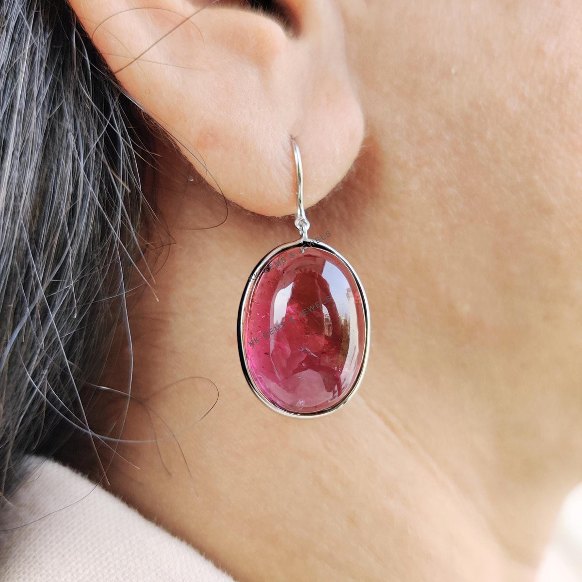 Natural Rubellite Pink Tourmaline Earrings, 14K Solid White Gold, October Birthstone