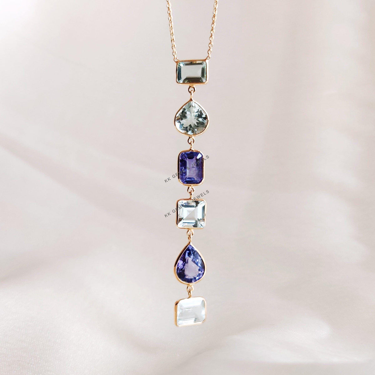 Natural Tanzanite & Aquamarine Necklace, 14K Solid Gold Tanzanite Jewelry,