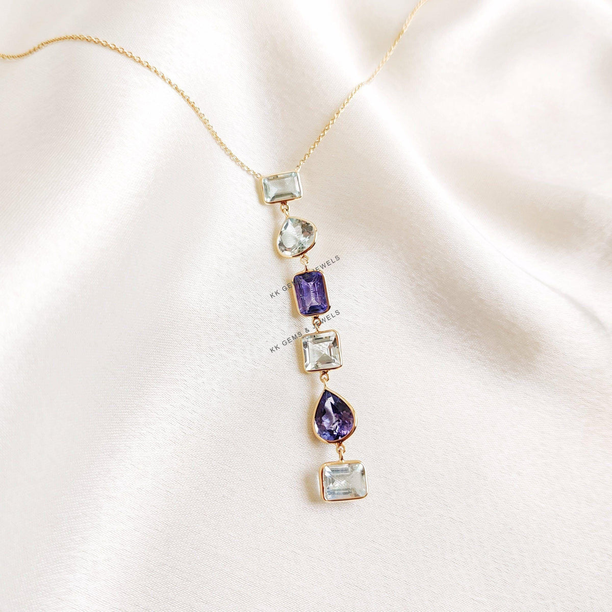 Natural Tanzanite & Aquamarine Necklace, 14K Solid Gold Tanzanite Jewelry,