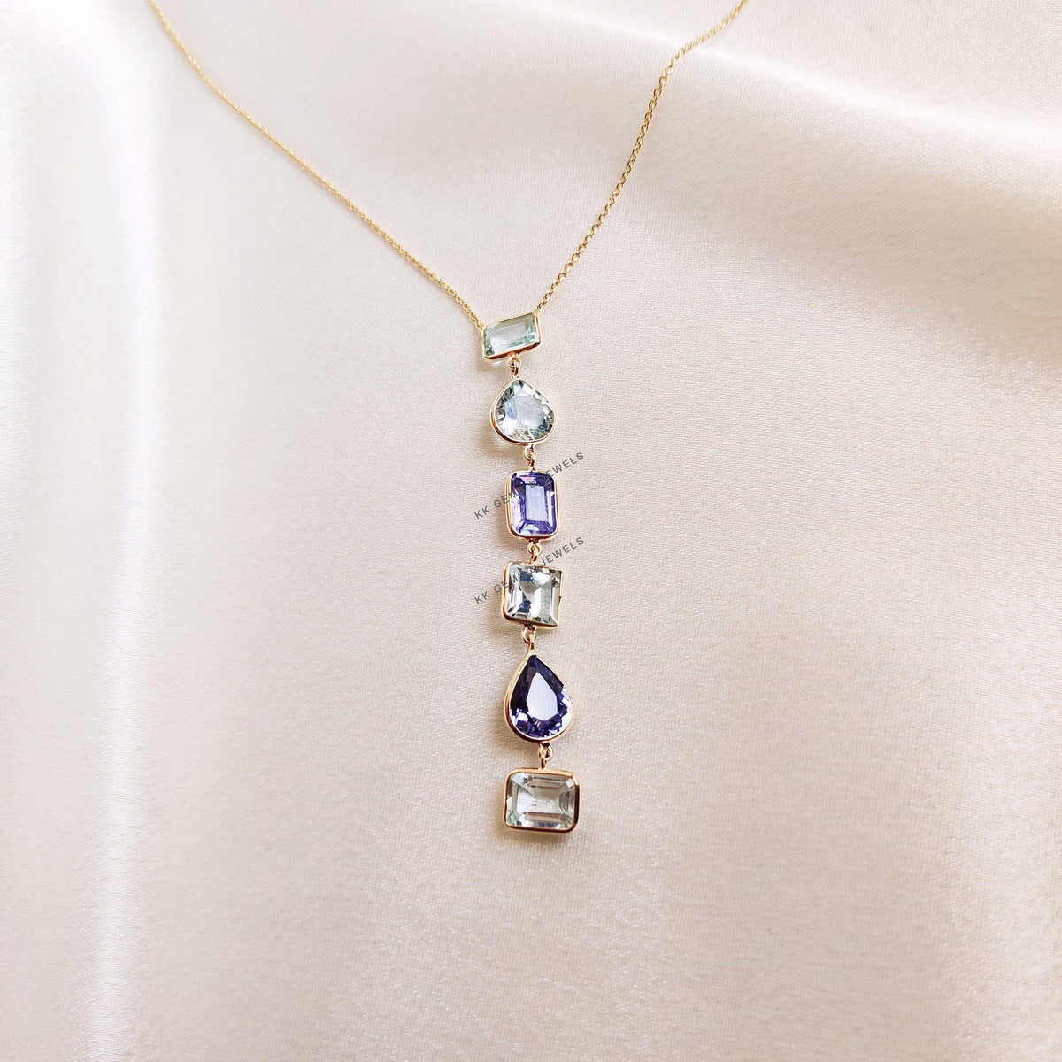 Natural Tanzanite & Aquamarine Necklace, 14K Solid Gold Tanzanite Jewelry,