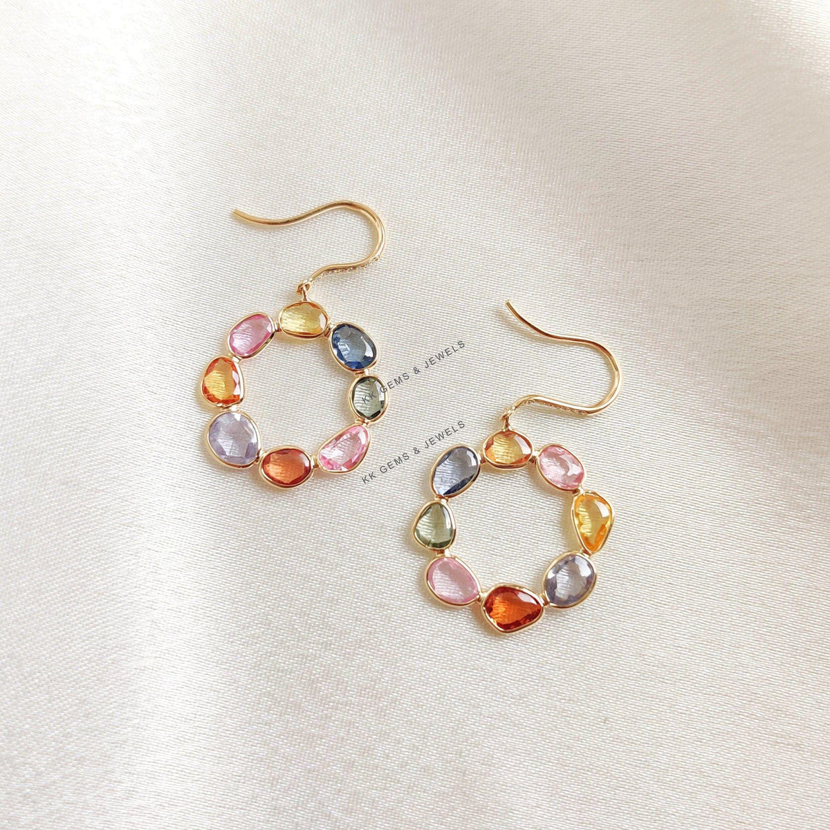 Natural Multi Sapphire & Diamond Earrings, 14K Solid Gold Loop Earrings, September Birthstone
