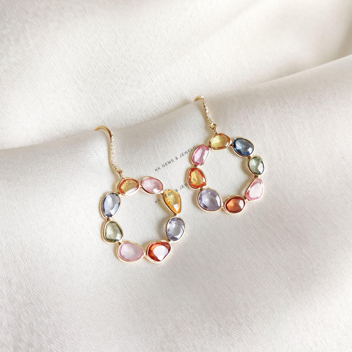 Natural Multi Sapphire & Diamond Earrings, 14K Solid Gold Loop Earrings, September Birthstone