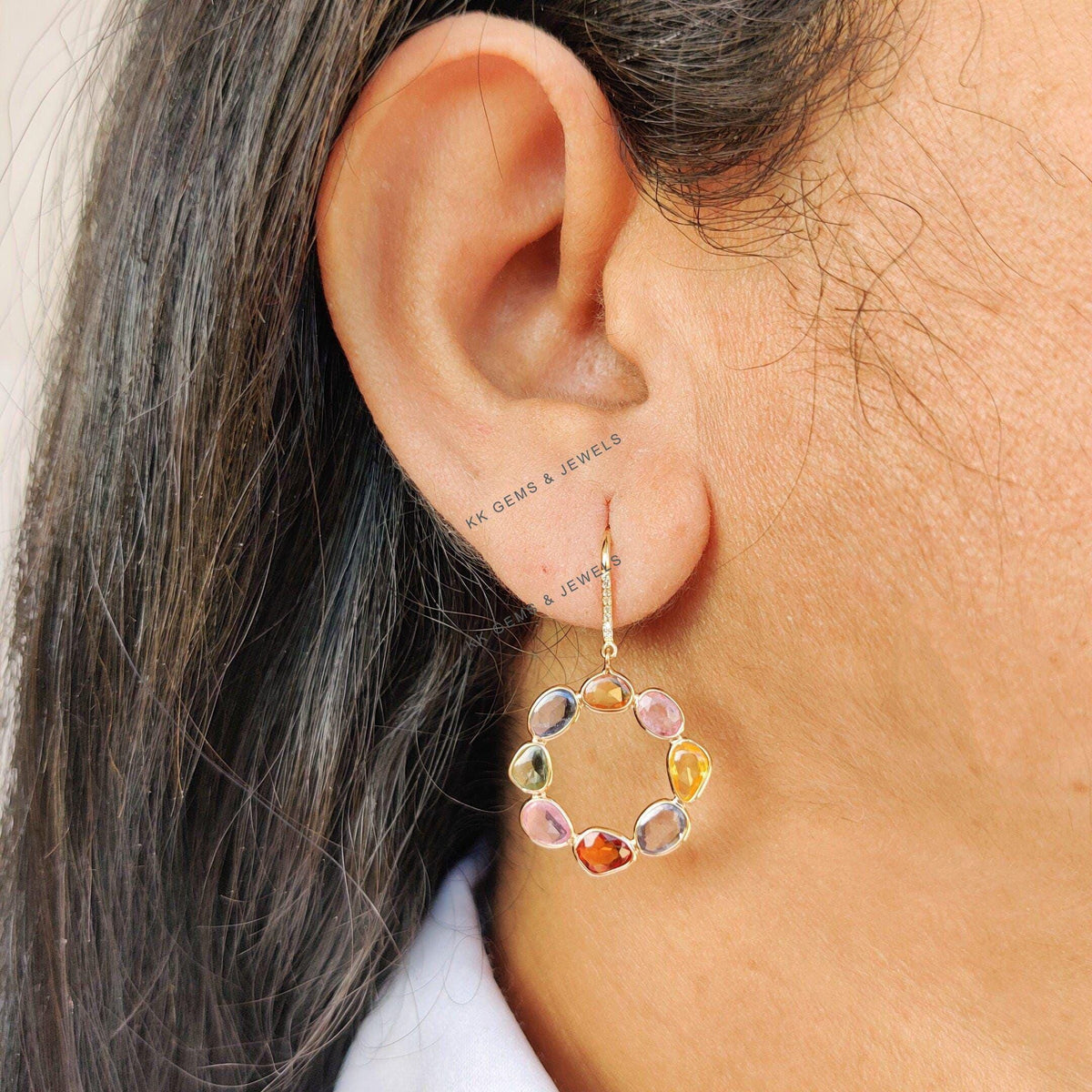 Natural Multi Sapphire & Diamond Earrings, 14K Solid Gold Loop Earrings, September Birthstone