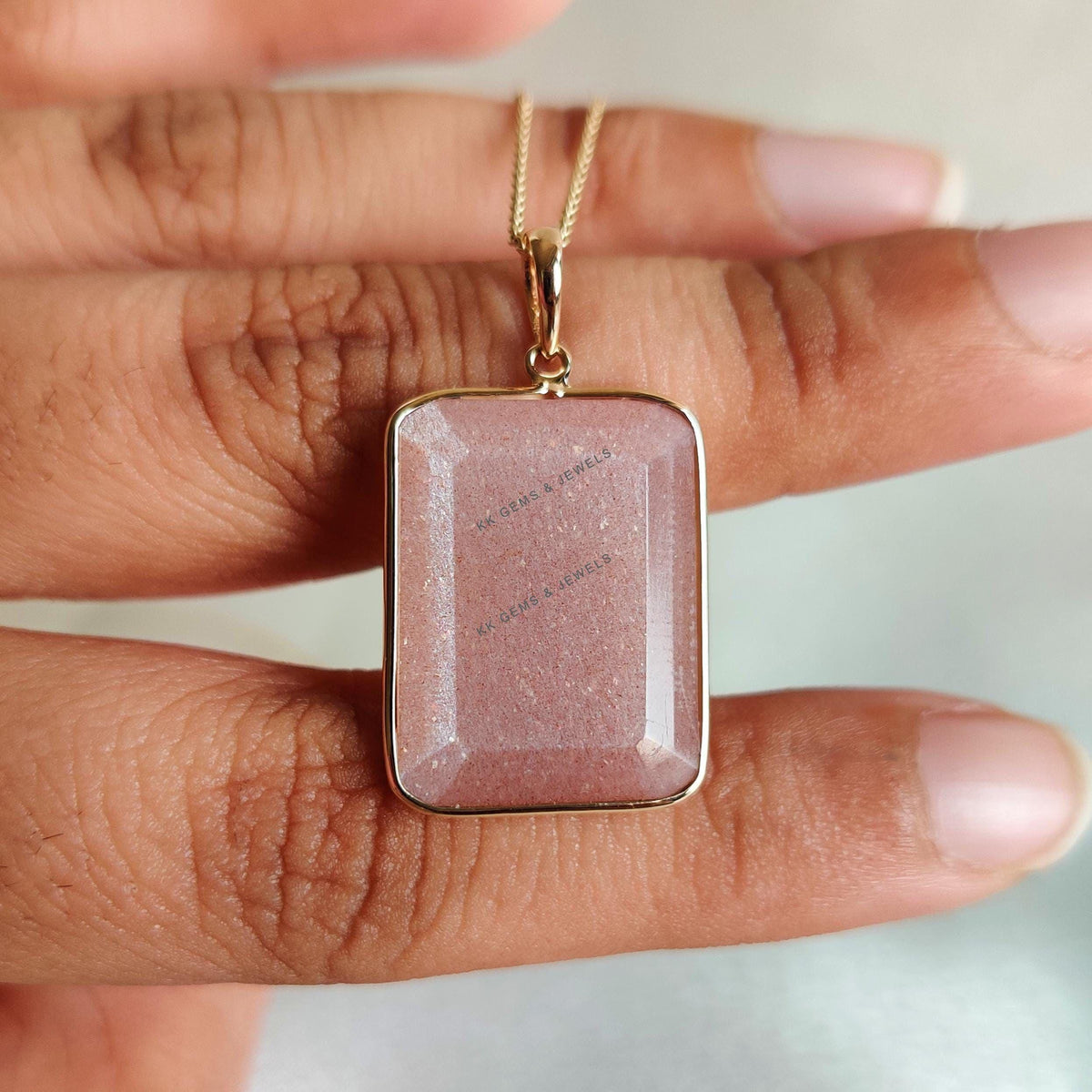 Natural Peach Moonstone 14K Solid Yellow Gold Pendant, Octagon Pendant, June Birthstone,