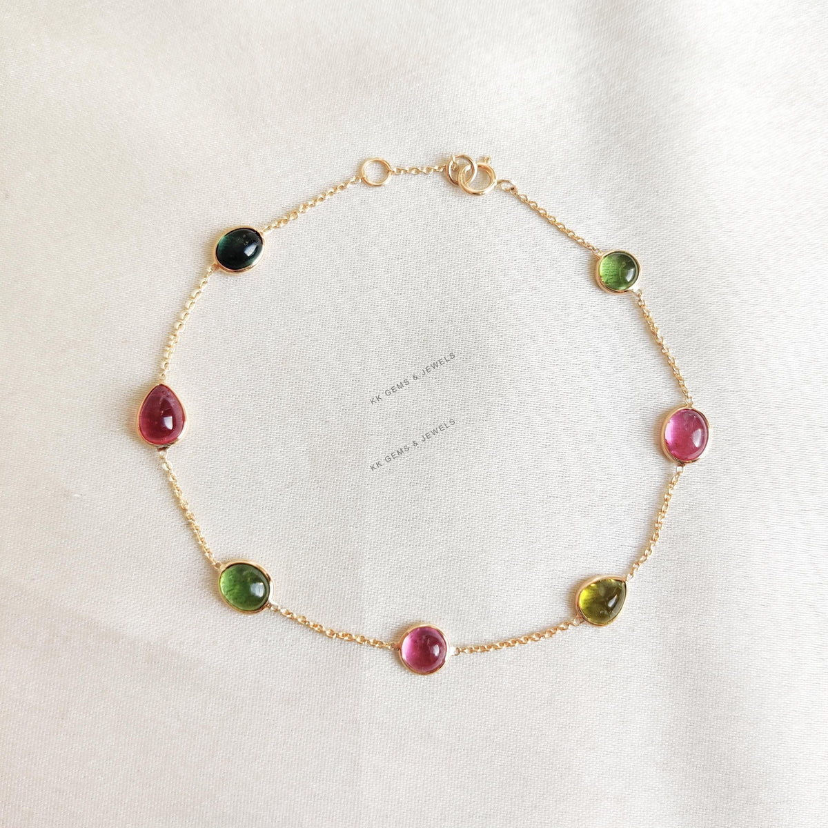18K Solid Gold Natural Multi Tourmaline Bracelet, Bezel Set Gemstone