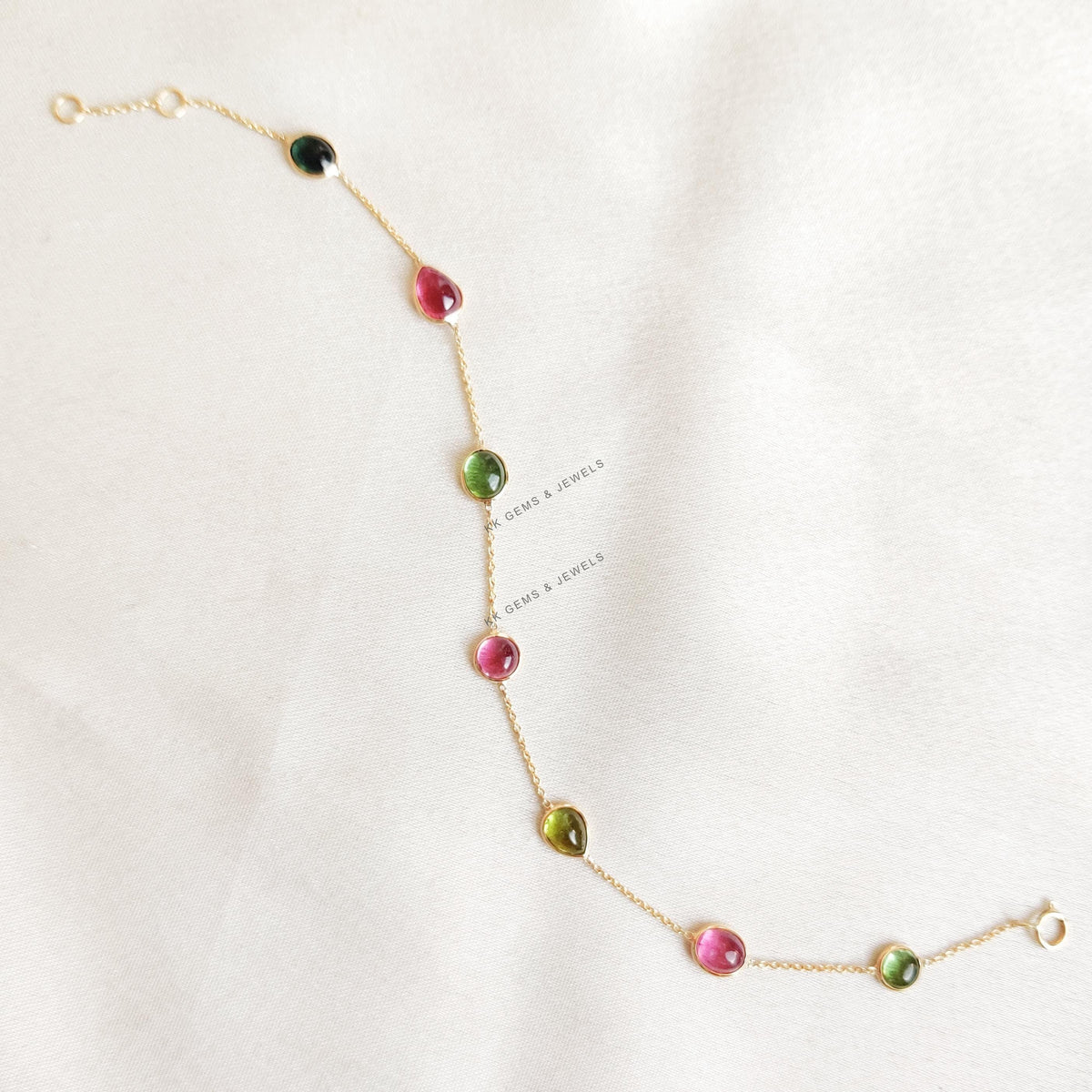 18K Solid Gold Natural Multi Tourmaline Bracelet, Bezel Set Gemstone