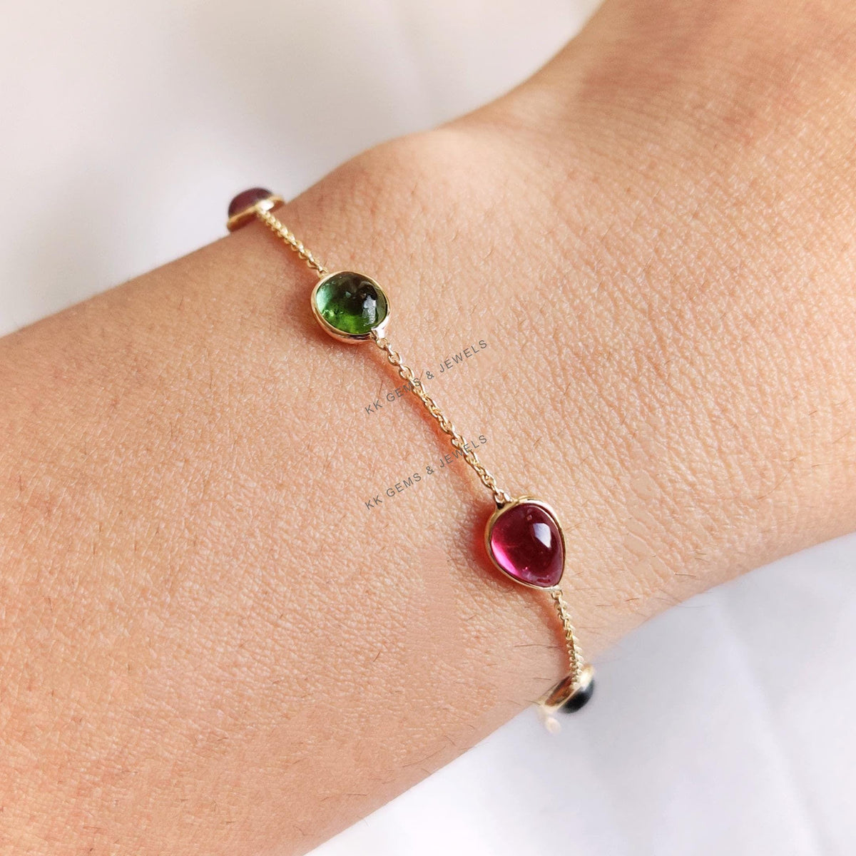 18K Solid Gold Natural Multi Tourmaline Bracelet, Bezel Set Gemstone