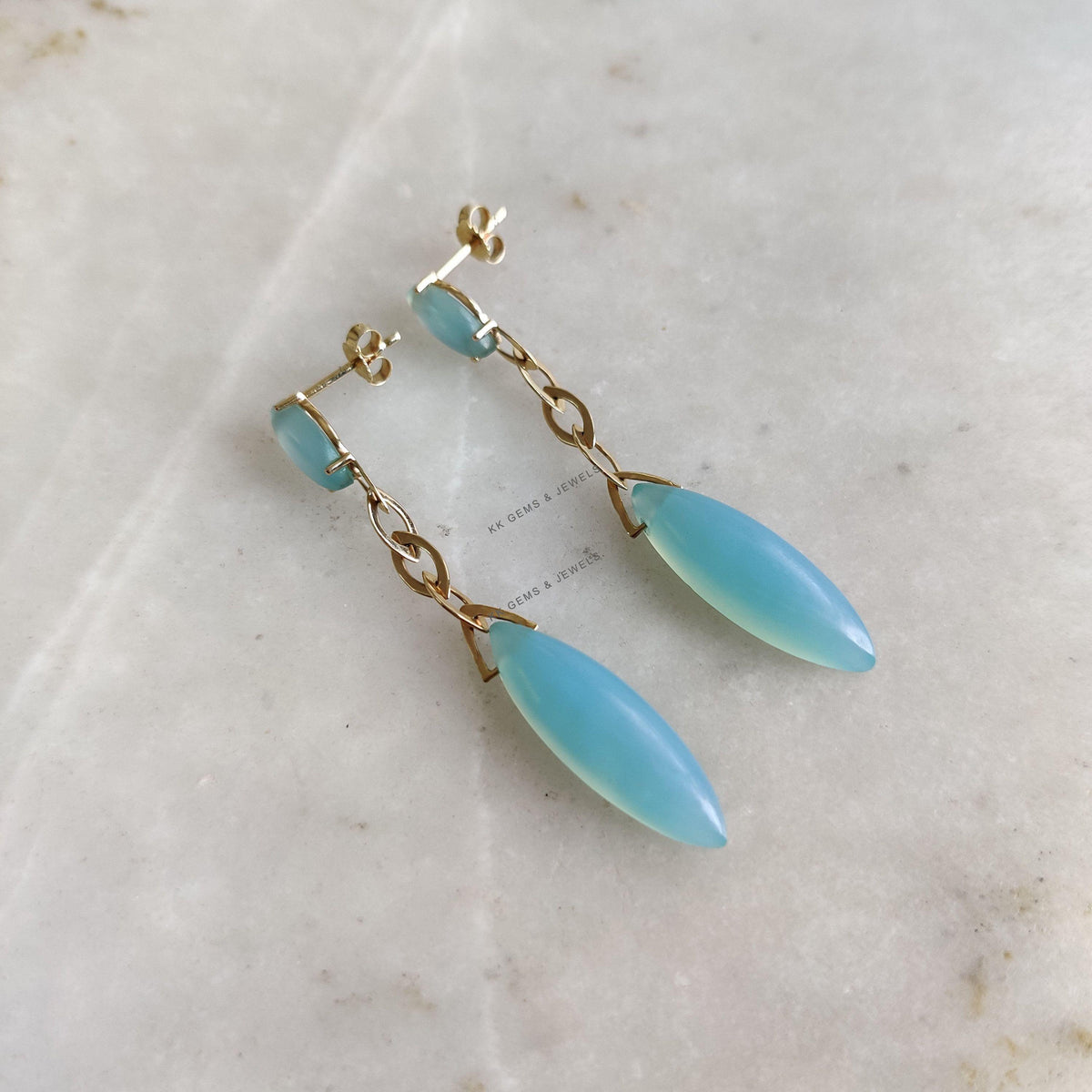 14K Solid Yellow Gold Natural Blue Chalcedony Drop Earrings, March Birthstone