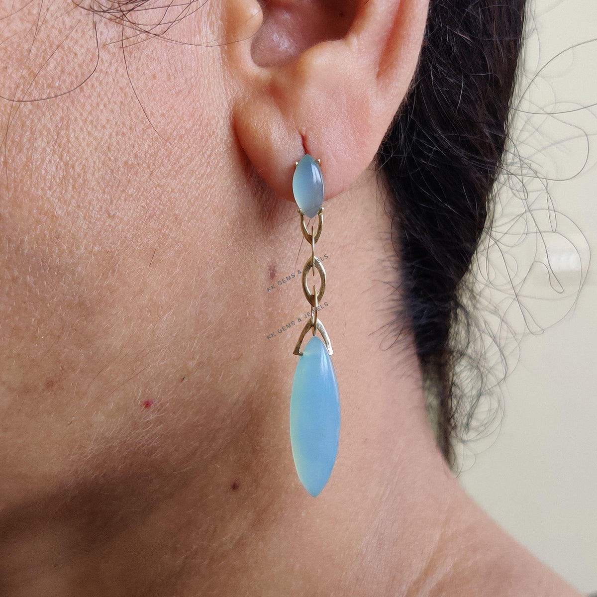 14K Solid Yellow Gold Natural Blue Chalcedony Drop Earrings, March Birthstone