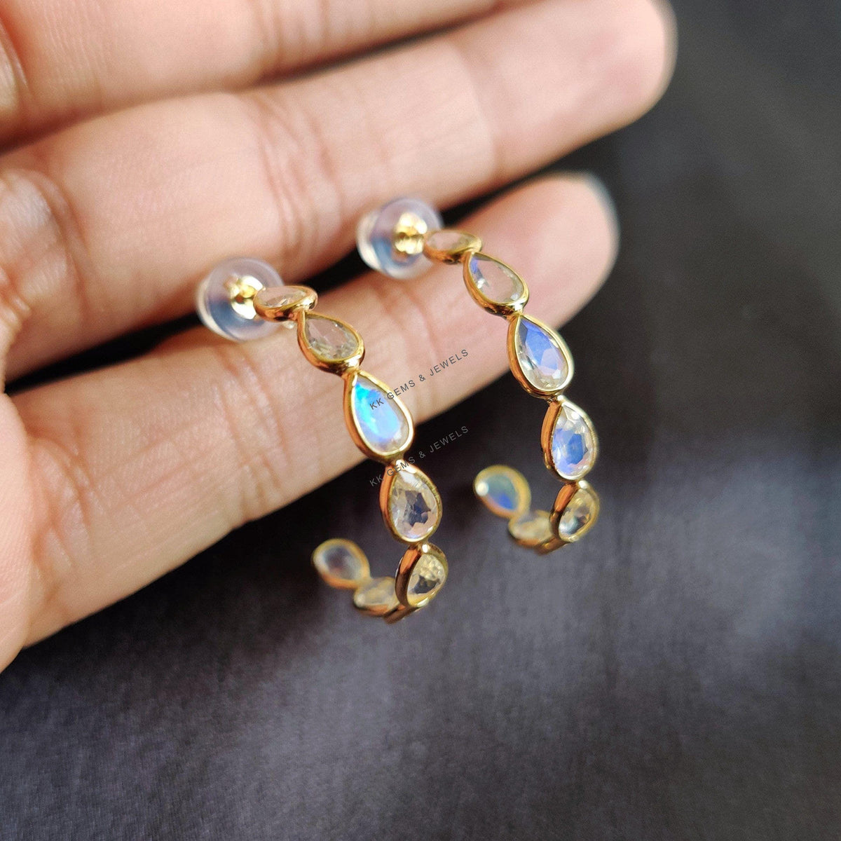 14K Solid Gold Natural Rainbow Moonstone Hoop Earrings, June Birthstone