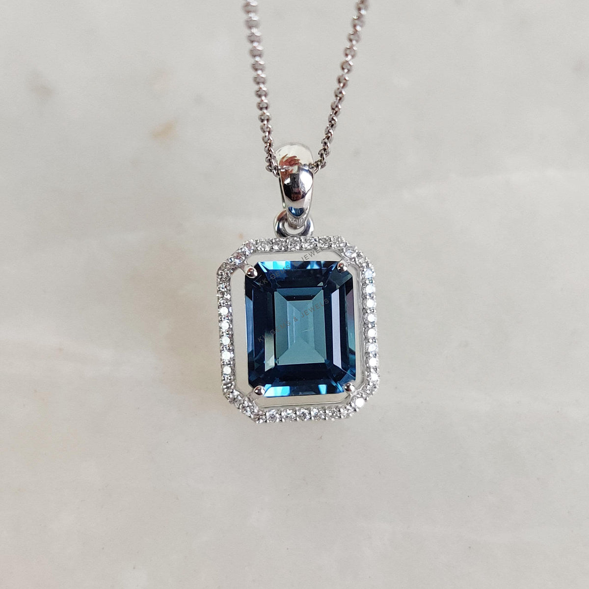 Natural London Blue Topaz & Diamond 14K Solid White Gold Pendant, December Birthstone,