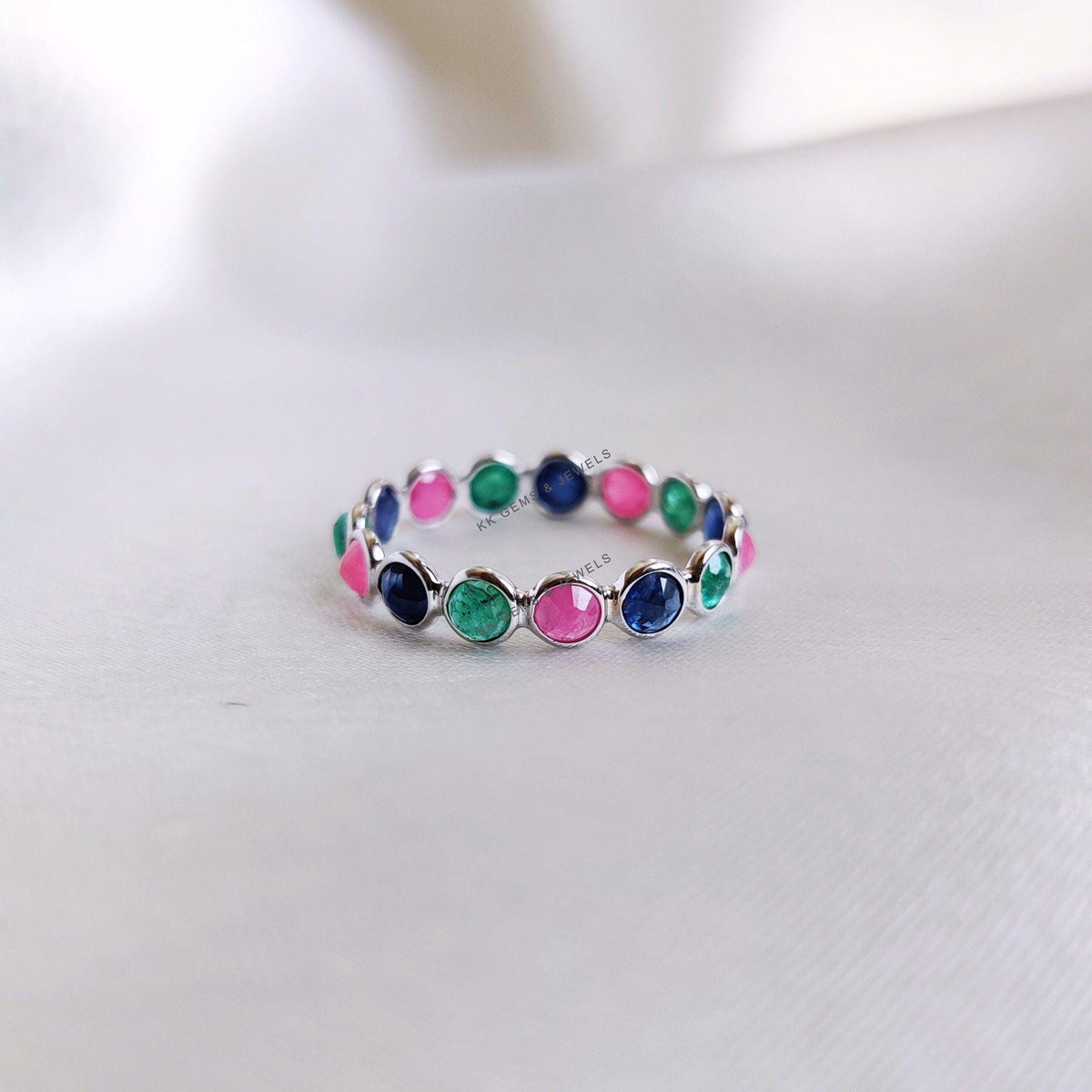 Natural Ruby, Emerald & Blue Sapphire Ring, 14K Solid White Gold Ring, Precious Gemstone Bezel Eternity Ring, Dainty Multi Stone Ring