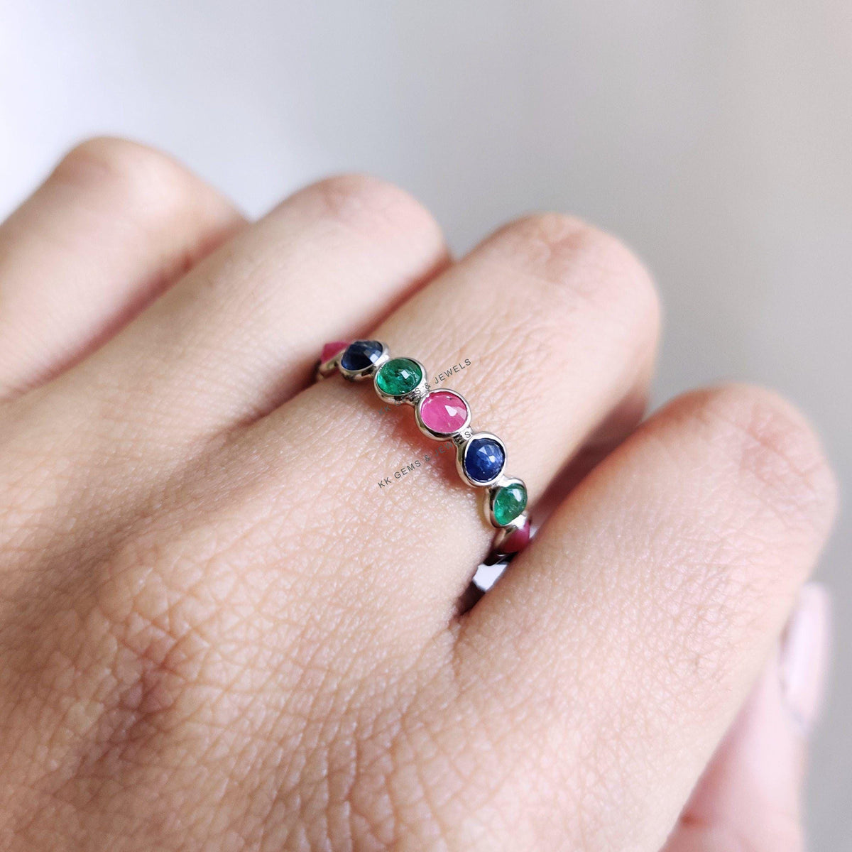 Natural Ruby, Emerald & Blue Sapphire Ring, 14K Solid White Gold Ring, Precious Gemstone Bezel Eternity Ring, Dainty Multi Stone Ring