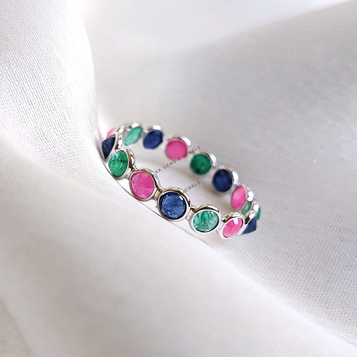 Natural Ruby, Emerald & Blue Sapphire Ring, 14K Solid White Gold Ring, Precious Gemstone Bezel Eternity Ring, Dainty Multi Stone Ring