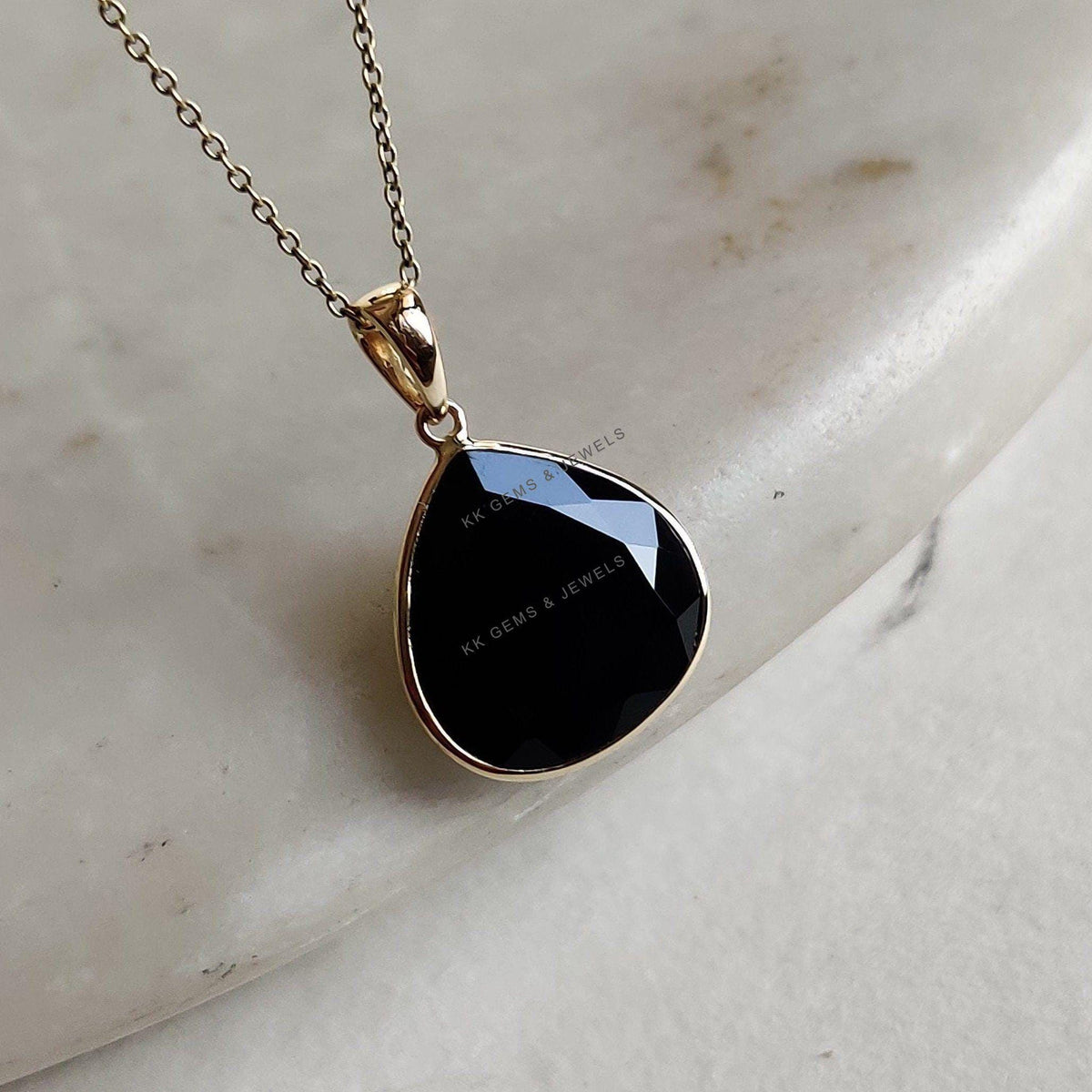 Natural Black Onyx 14K Solid Yellow Gold Pendant, December Birthstone Pendant,