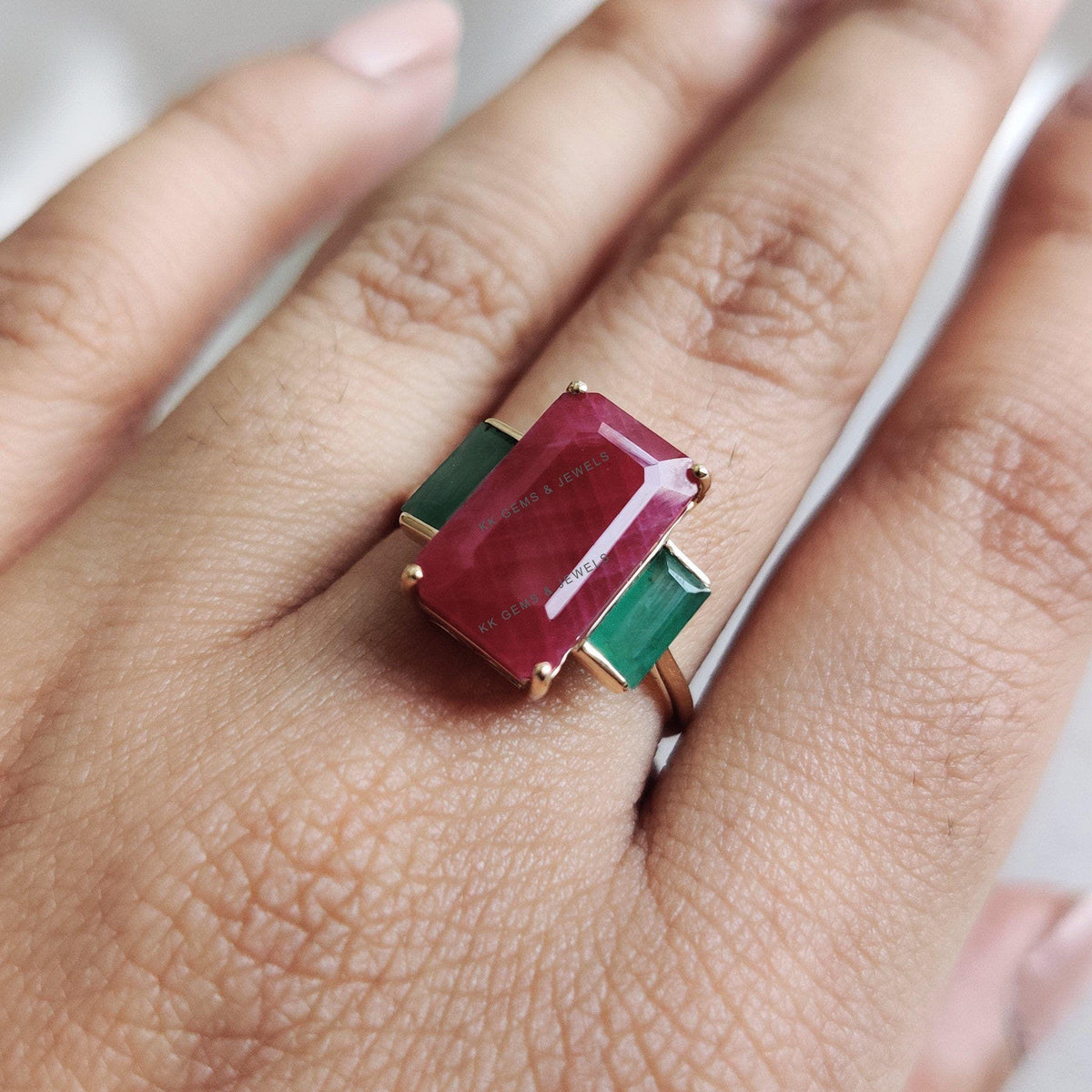 Natural Ruby & Emerald 14K Solid Yellow Gold Ring, July May Birthstone Ring