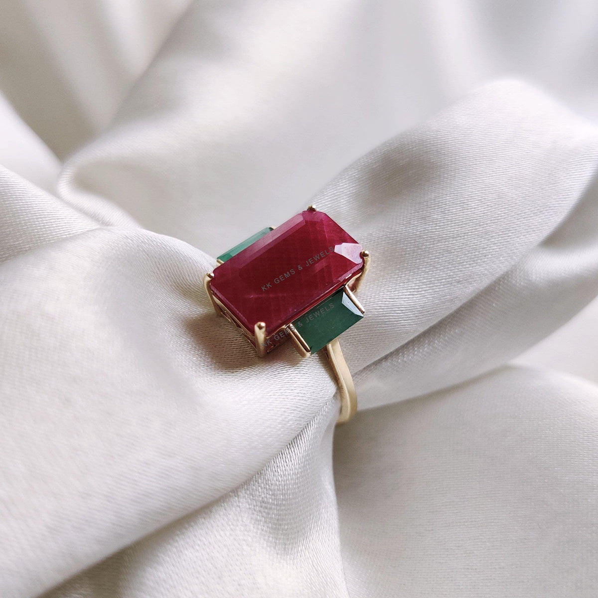 Natural Ruby & Emerald 14K Solid Yellow Gold Ring, July May Birthstone Ring