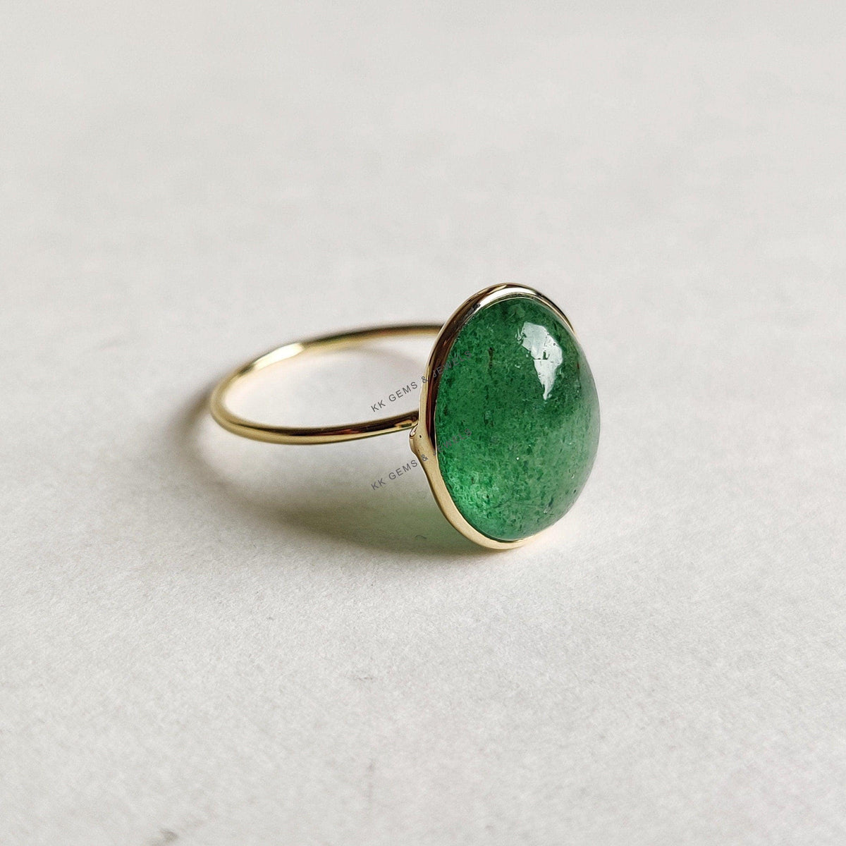 Natural Green Aventurine Ring, 14K Solid Yellow Gold, August Birthstone