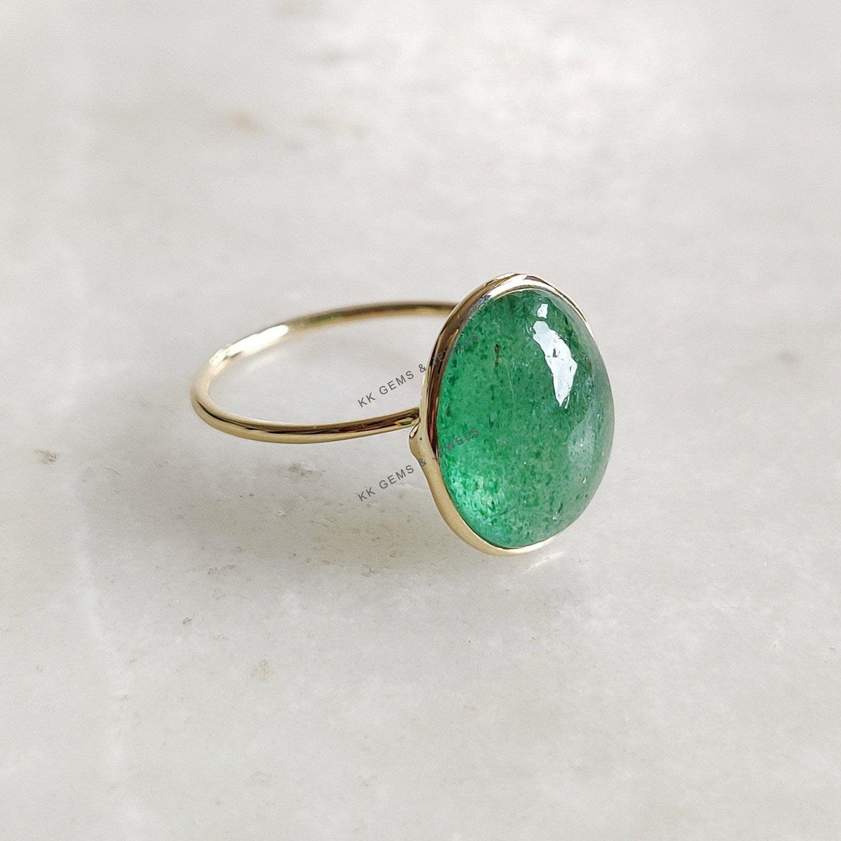 Natural Green Aventurine Ring, 14K Solid Yellow Gold, August Birthstone