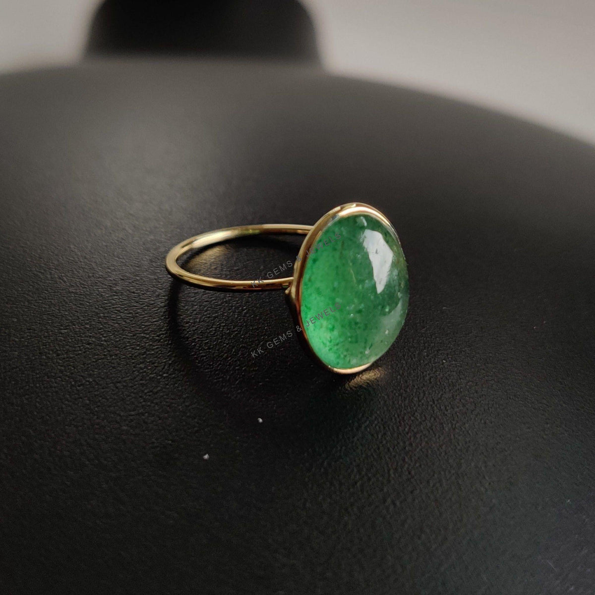 Natural Green Aventurine Ring, 14K Solid Yellow Gold, August Birthstone