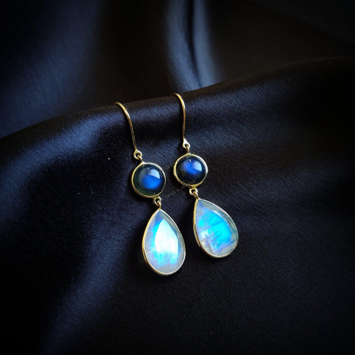14K Solid Gold Natural Labradorite & Rainbow Moonstone Dangle Earrings, November Birthstone