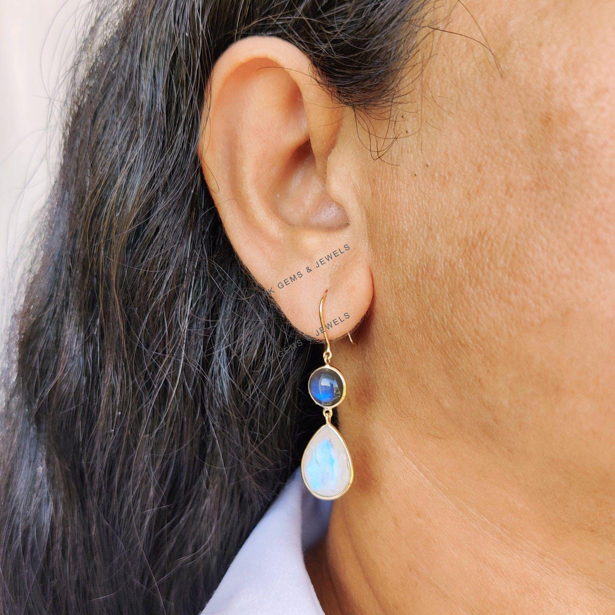14K Solid Gold Natural Labradorite & Rainbow Moonstone Dangle Earrings, November Birthstone